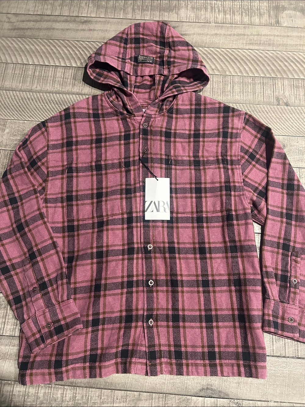 Zara Pink and Black Plaid Hooded Shirt
